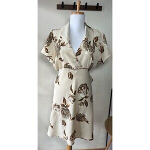Reza Floral Ivory Brown Short Sleeve Dress 100% Polyester Women's Size 11 USA
